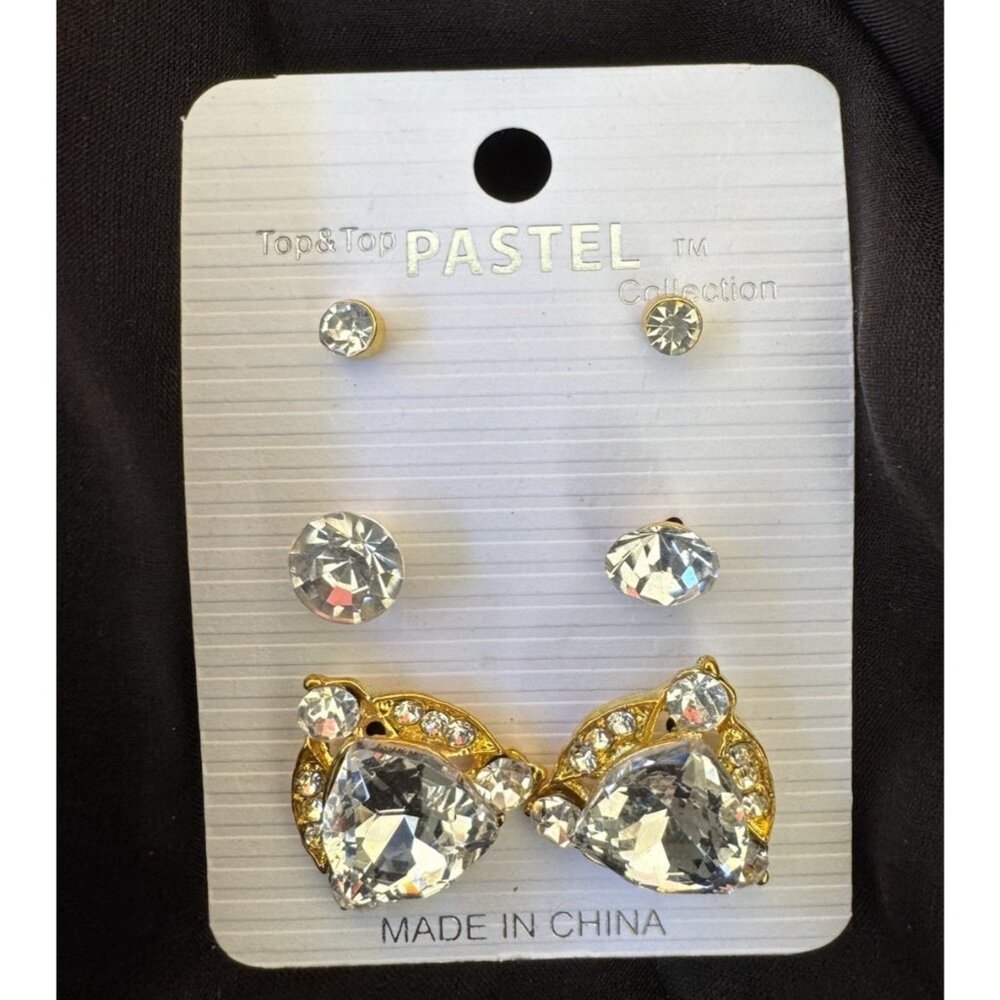 Set of 3 Pastel Faux Crystal Goldtone Rhinestone Earrings Dangle Drop Party NEW